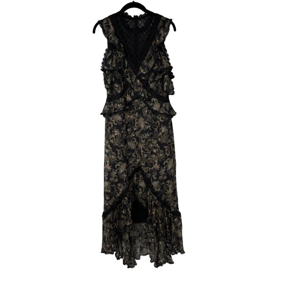AMUR Womens 6 Printed Edna Dress 100% Organic Silk Floral Lace Ruffle Romantic - Picture 9 of 9